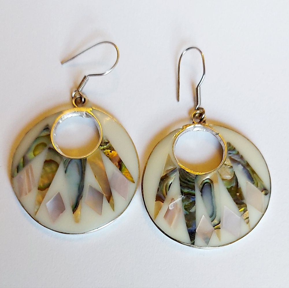 Mother of Pearl and Abalone Earrings, Alpaca Mexico, Starburst Dangle